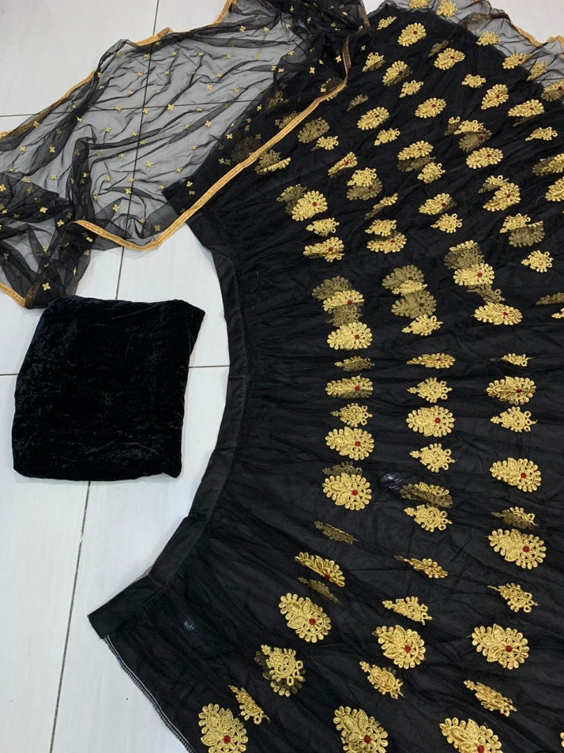 Black net embroidery worked wedding lehenga choli