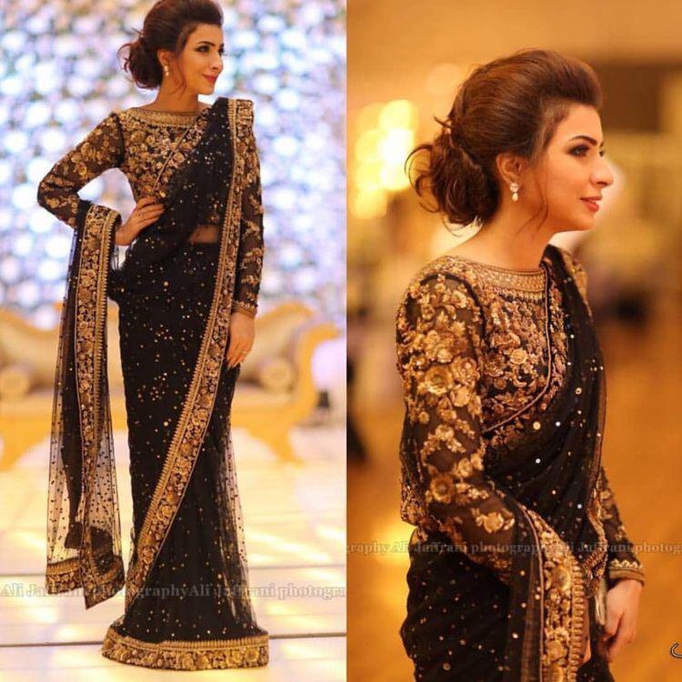 black net heavy embroidered wedding saree