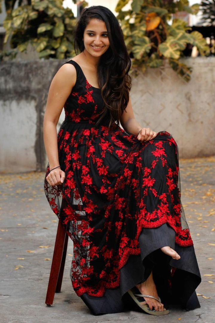 Black net red thread embroidered gown