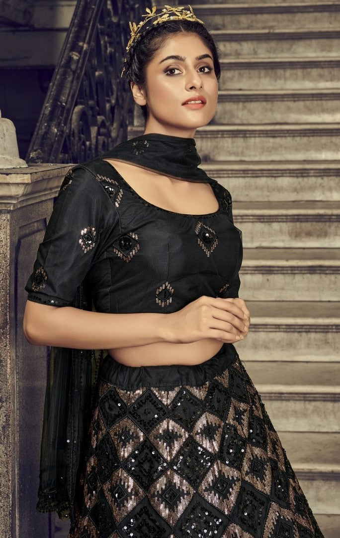 Black net sequence embroidered work wedding and party wear lehenga choli
