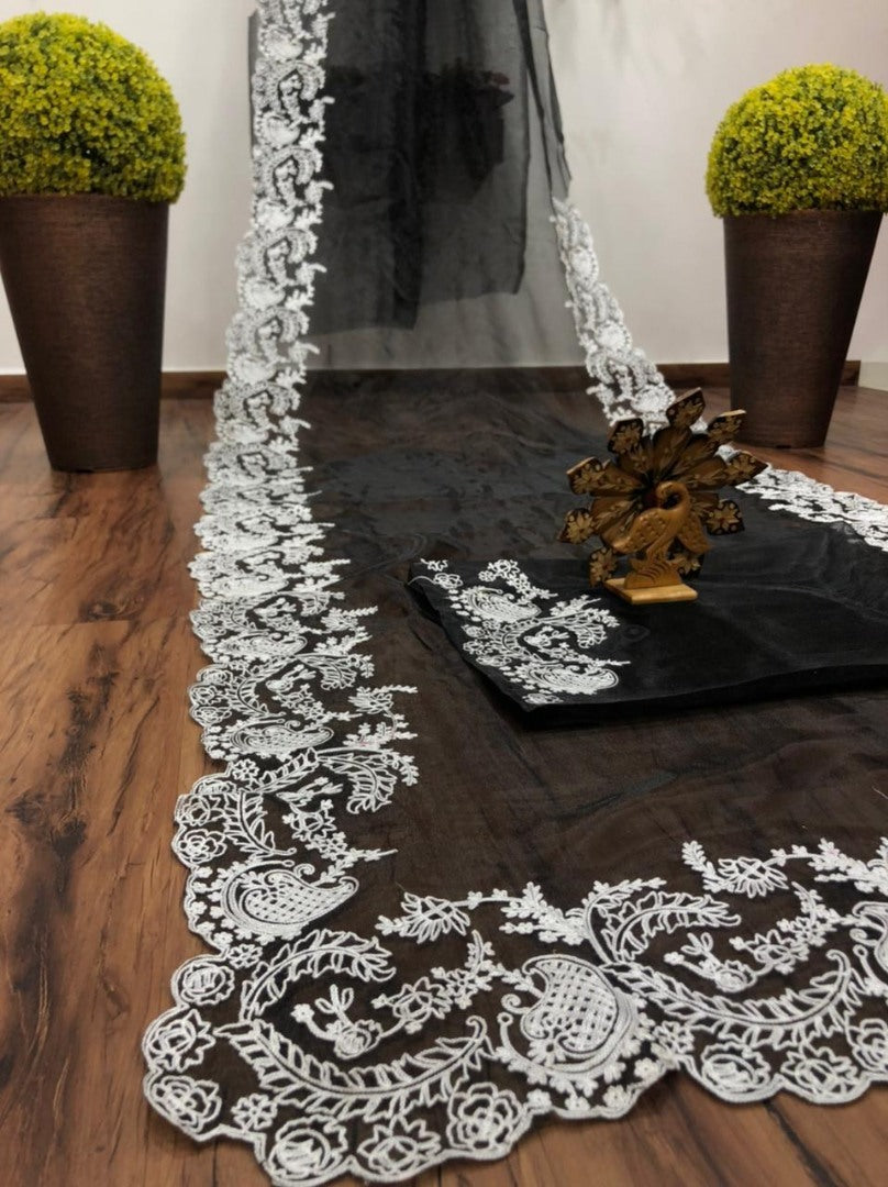 Black organza chainstitch work saree