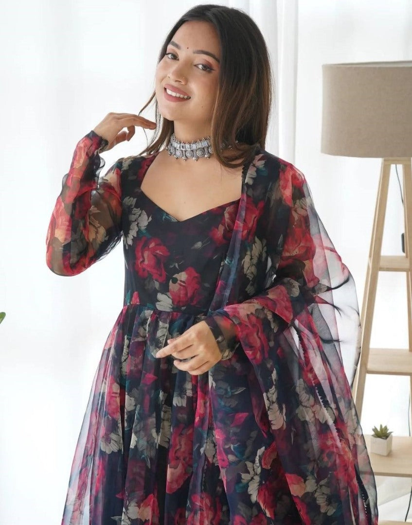 Black organza floral printed anarkali suit