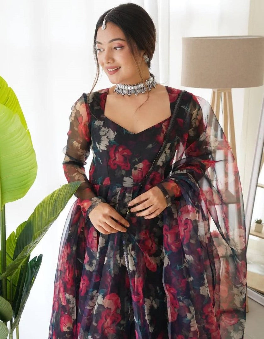 Black organza floral printed anarkali suit