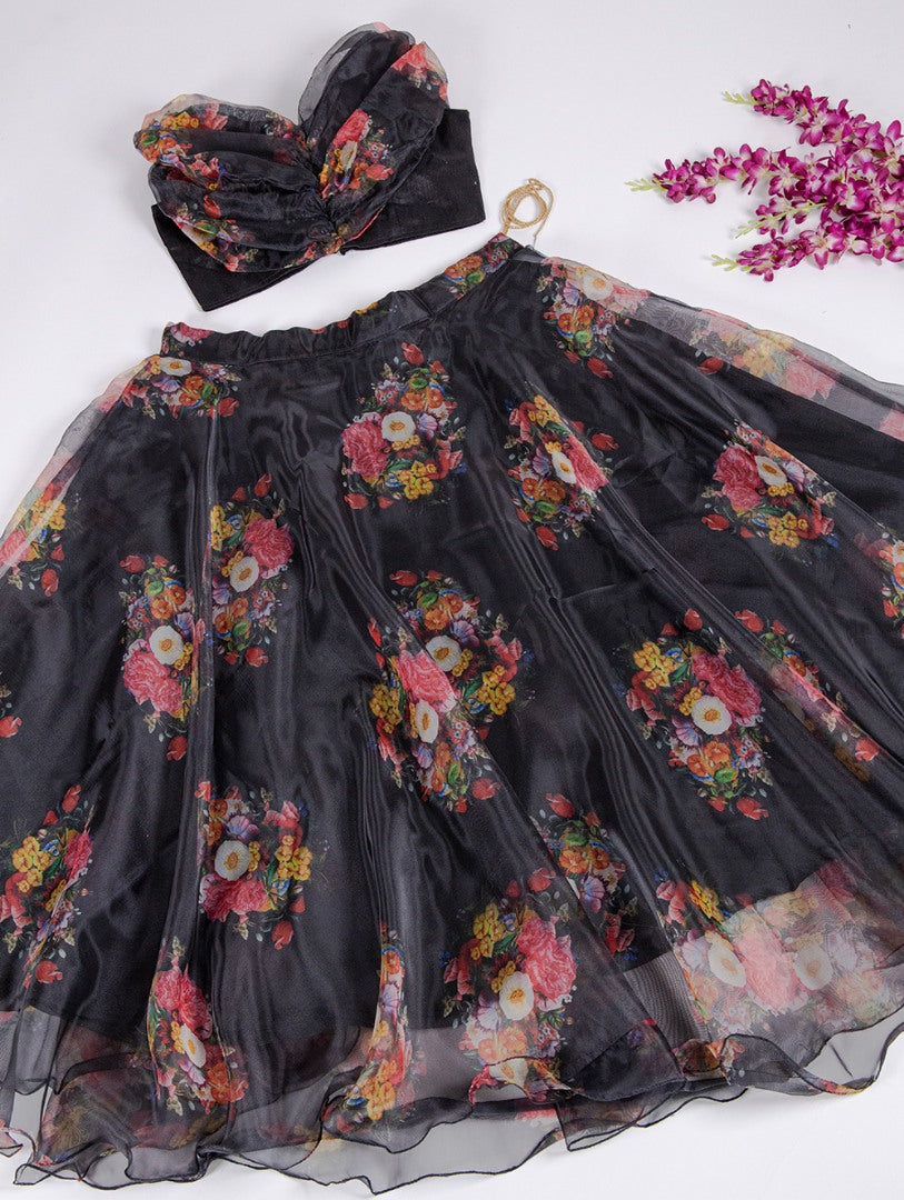 Black organza floral printed crop top lehenga