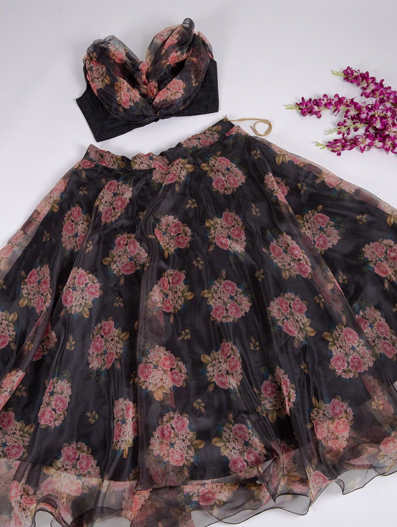Black organza floral printed crop top lehenga
