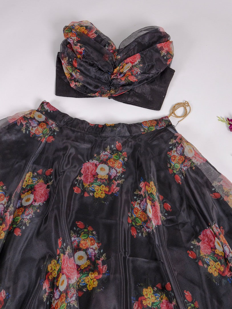 Black organza floral printed crop top lehenga