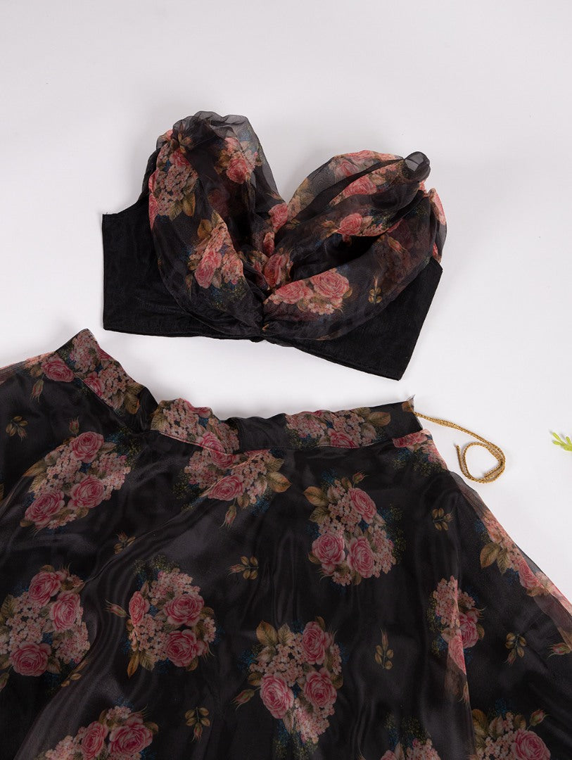 Black organza floral printed crop top lehenga
