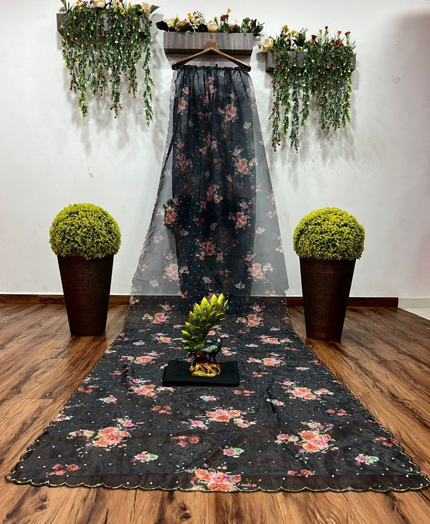 Black organza flower printed handworked saree