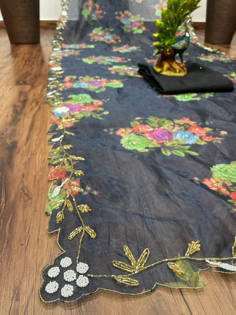 Black organza handworked and digital printed ceremonial saree