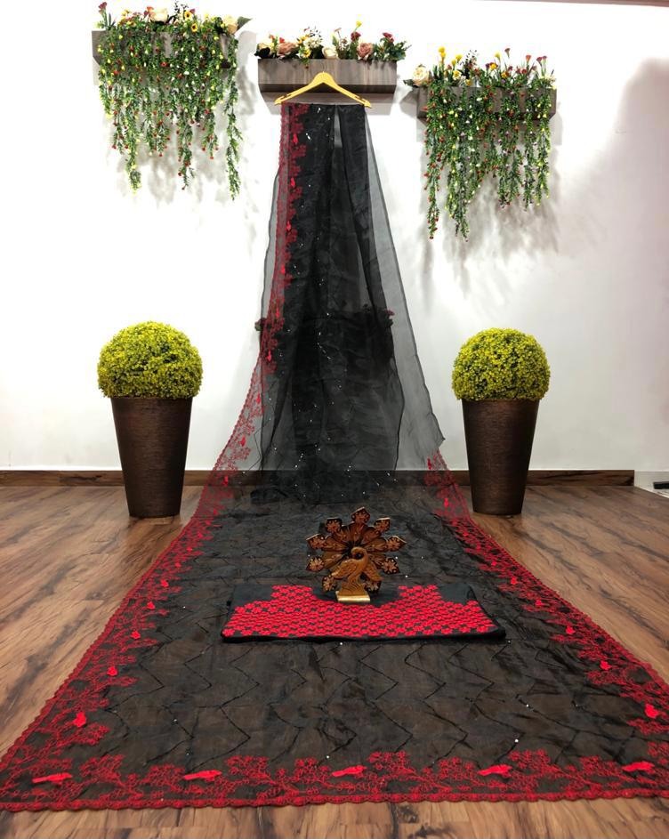Black organza red thread and sequence embroidered partywear saree