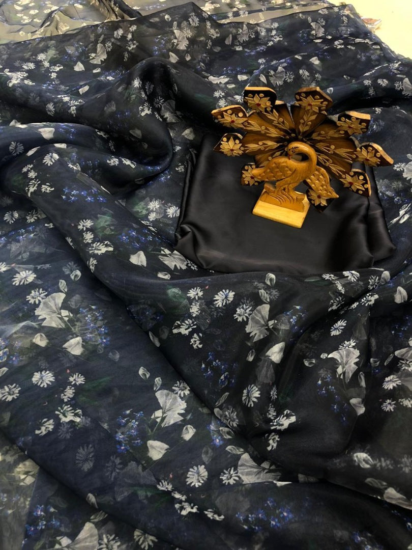 Black organza silk floral printed designer saree