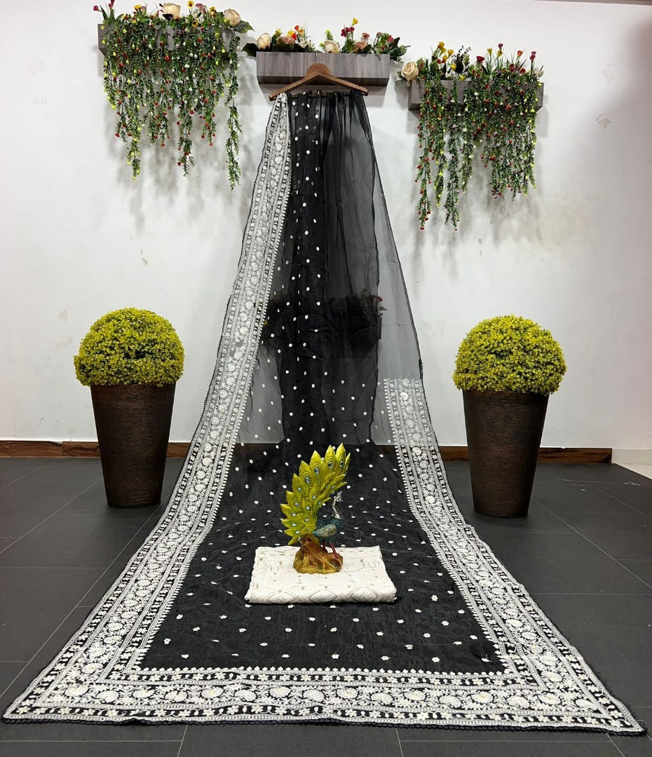 Black organza silk heavy thread embroidery work saree for ceremony