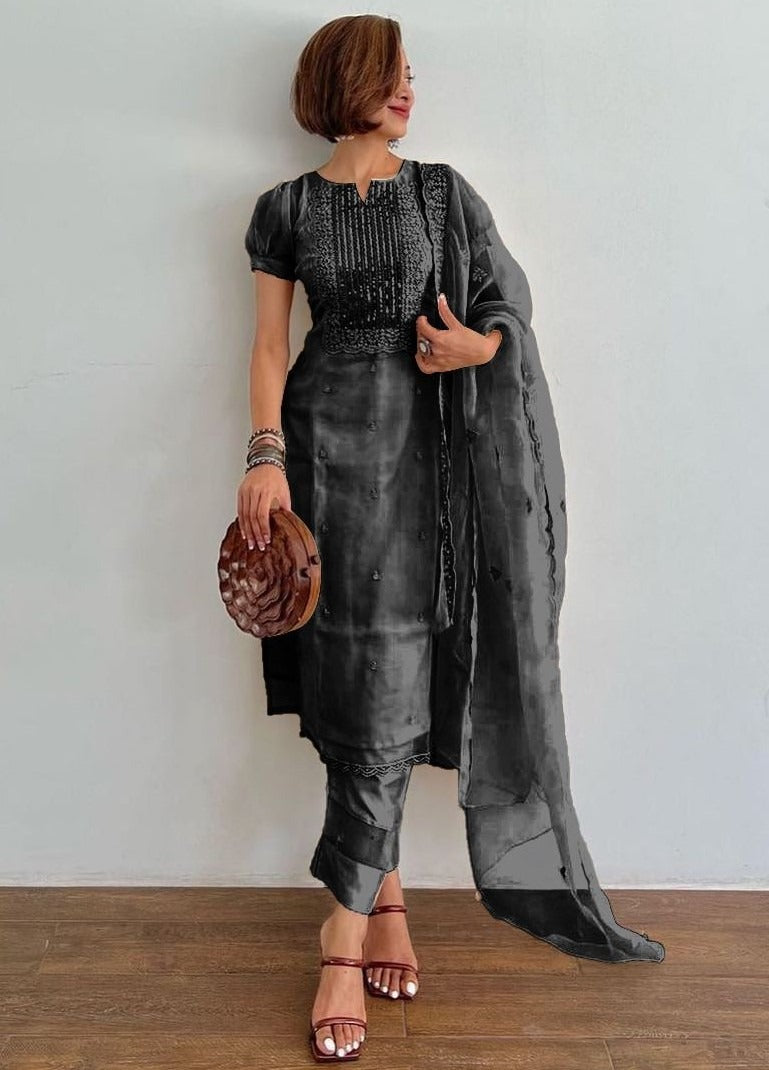 Black organza thread and sequence embroidered salwar suit