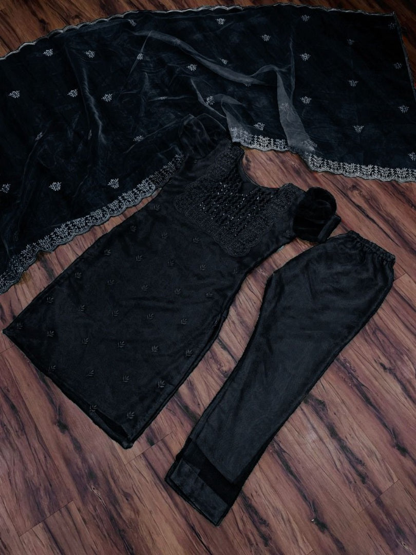 Black organza thread and sequence embroidered salwar suit