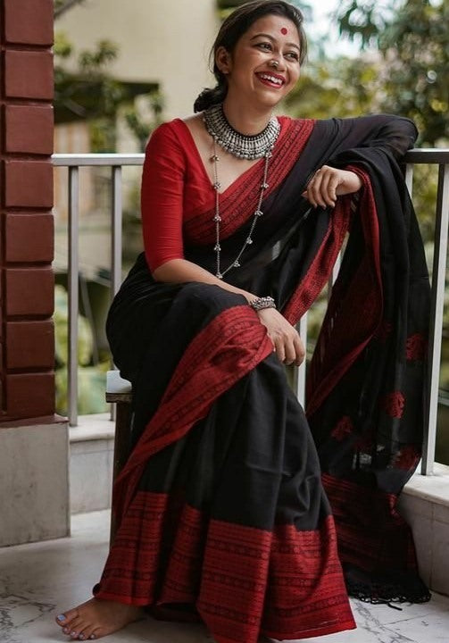 Black original chanderi linen digital printed work saree