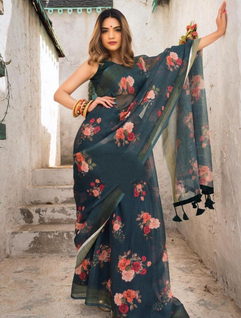 Black original linen digital printed work saree