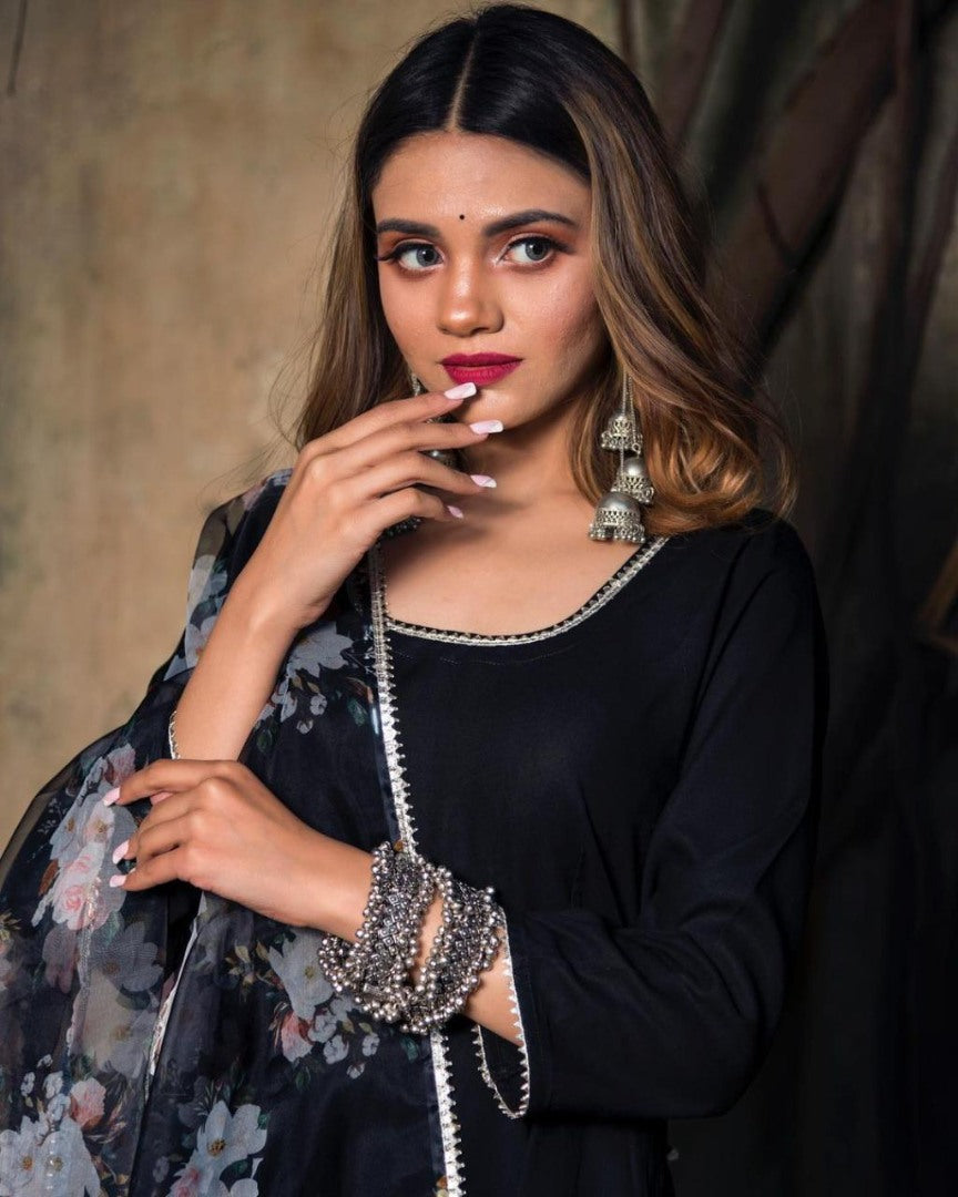 Black P C cotton party wear gown with lace work dupatta