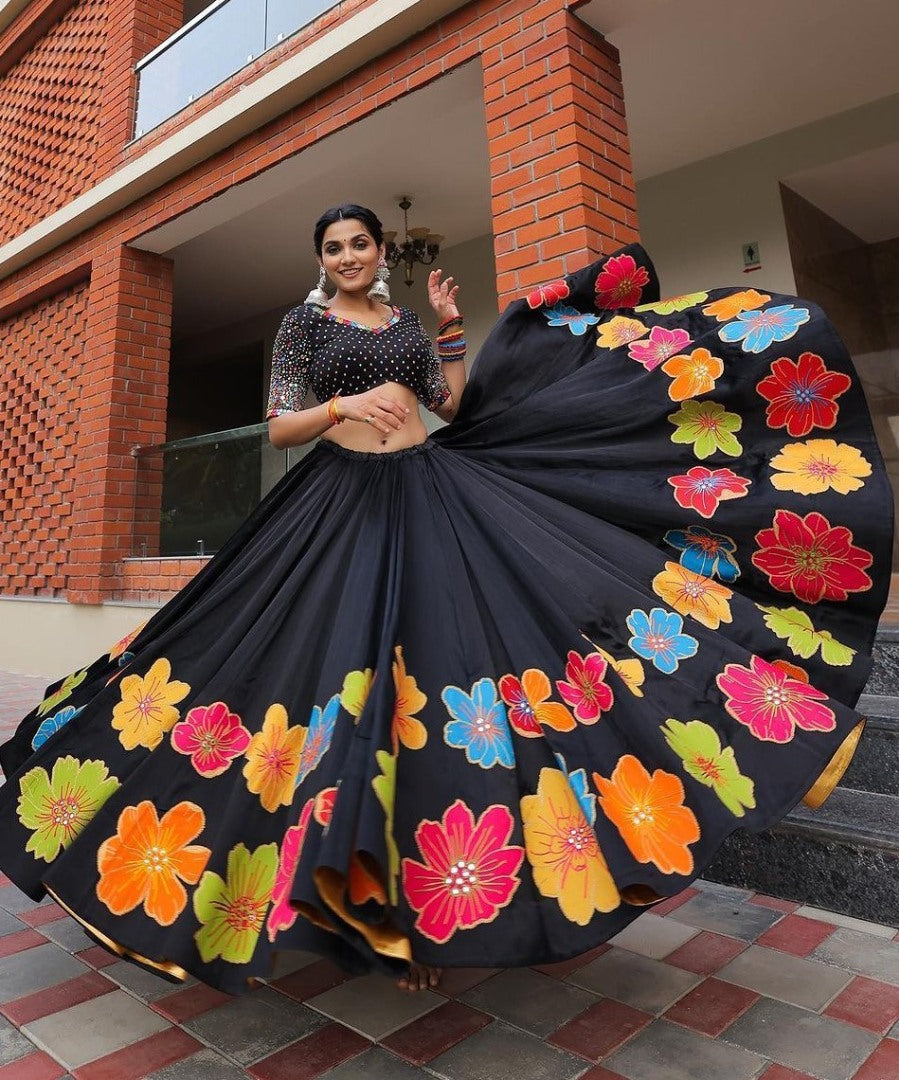 Black print mirror work gujarati garba navratri ghagra lehenga chaniya choli
