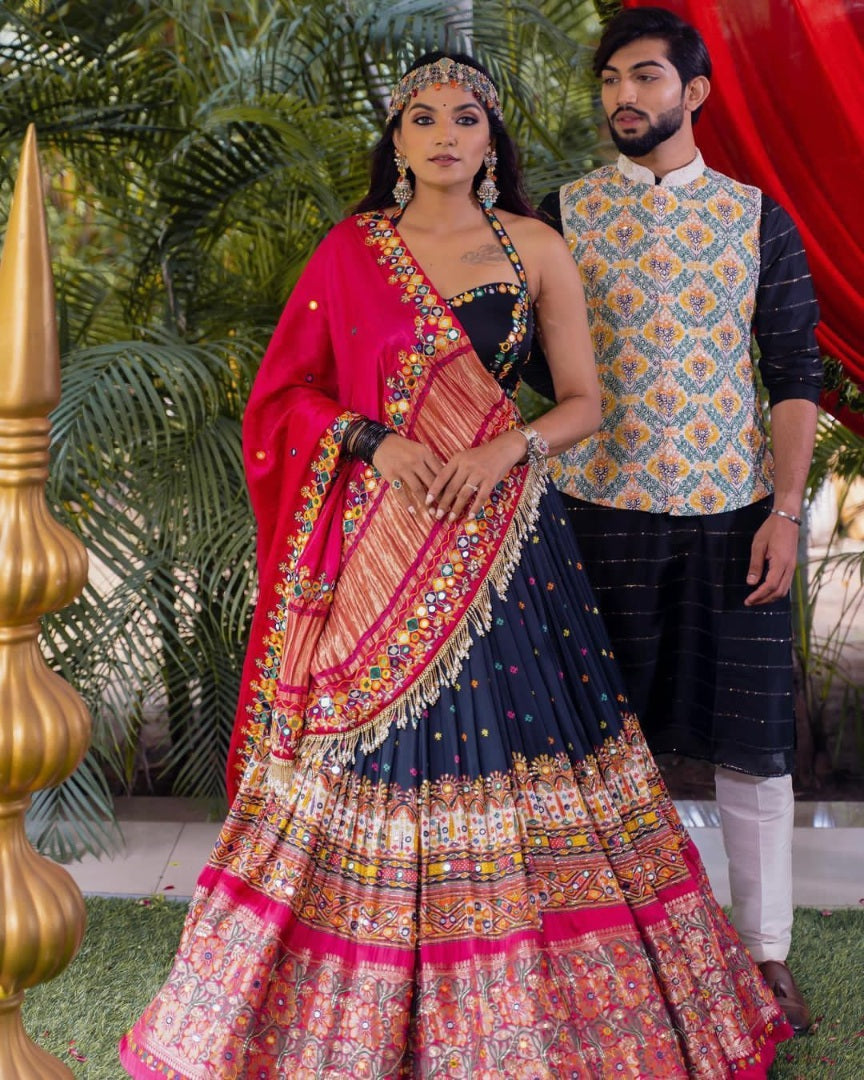 Black print mirror work gujarati garba navratri lehenga chaniya choli