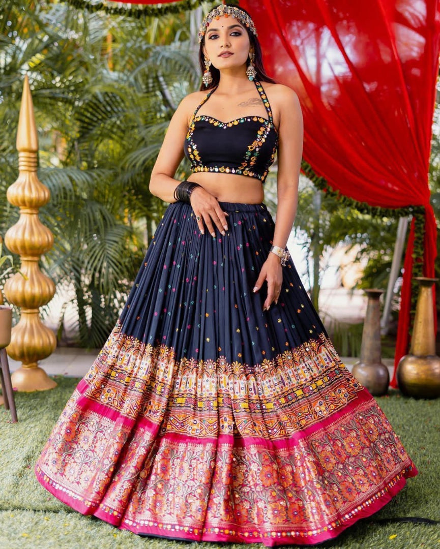 Black print mirror work gujarati garba navratri lehenga chaniya choli