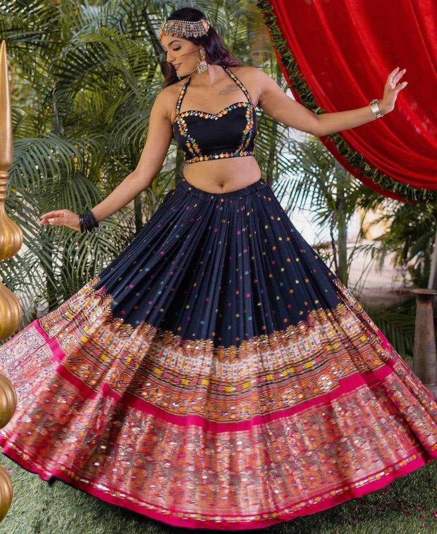 Black print mirror work gujarati garba navratri lehenga chaniya choli