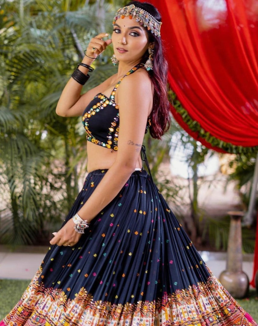 Black print mirror work gujarati garba navratri lehenga chaniya choli