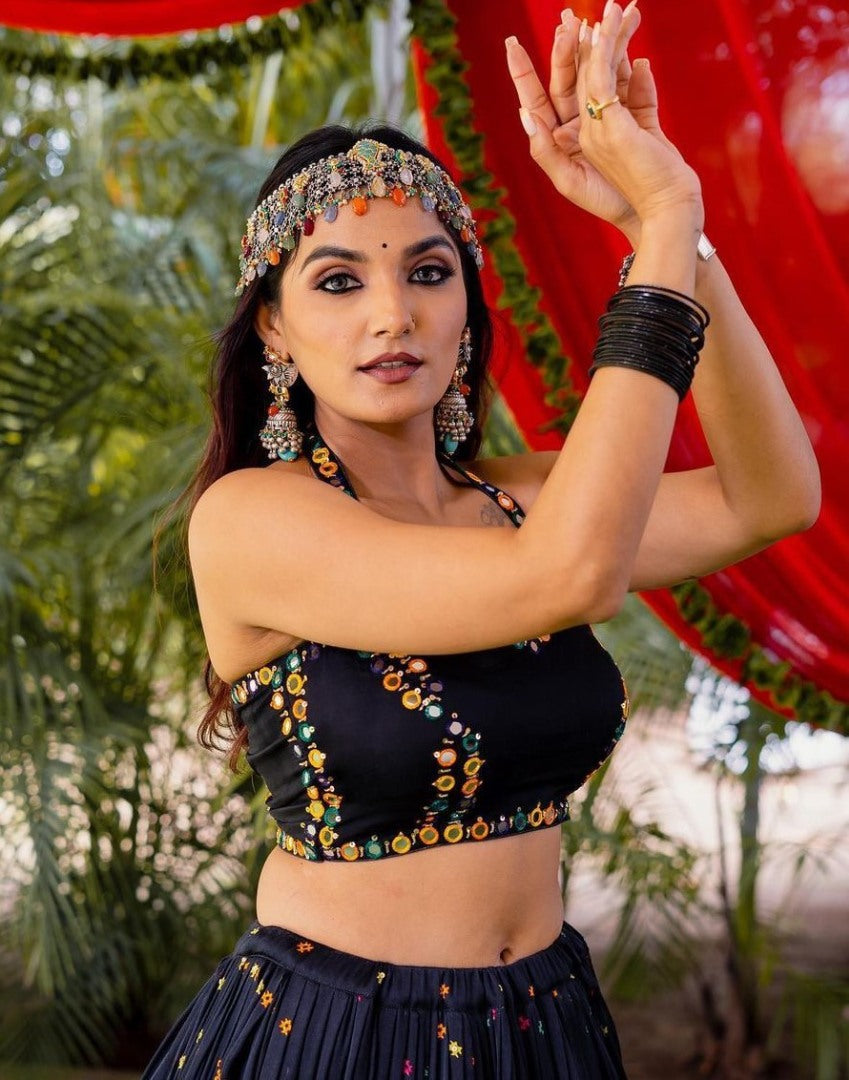 Black print mirror work gujarati garba navratri lehenga chaniya choli