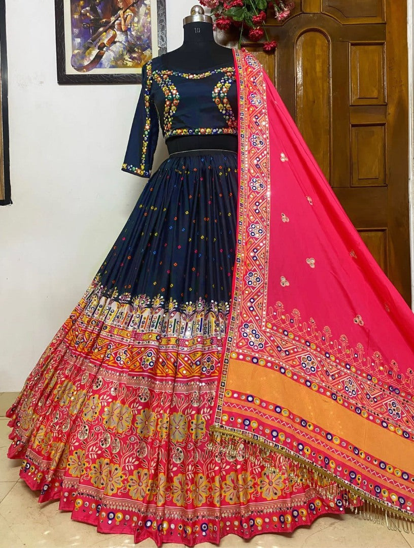 Black print mirror work gujarati garba navratri lehenga chaniya choli