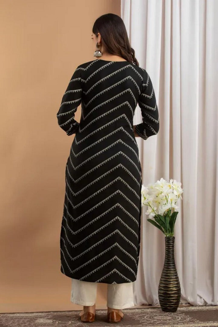 Black Rayon Button Lehriya Printed Straight Kurti
