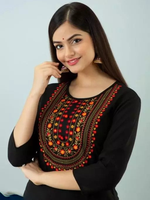 Black rayon embroidered straight kurti