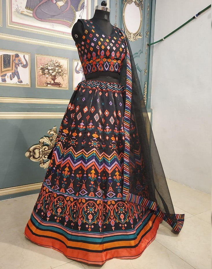 Black satin banglori multi digital printed stylist lehenga choli