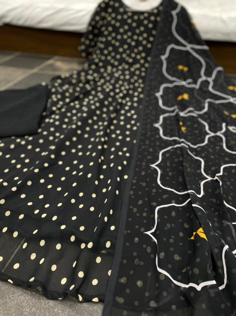 Black silk printed work party wear umbrella flair anarkali dress