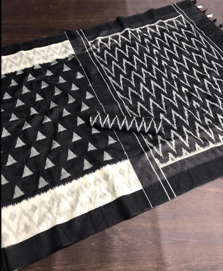 Black slub linen cotton digital printed work saree