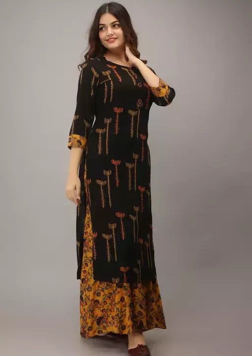 Black slub rayon printed yellow plazzo kurti