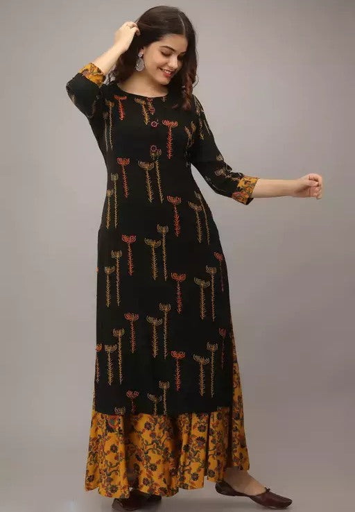 Black slub rayon printed yellow plazzo kurti
