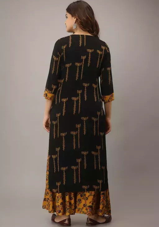 Black slub rayon printed yellow plazzo kurti
