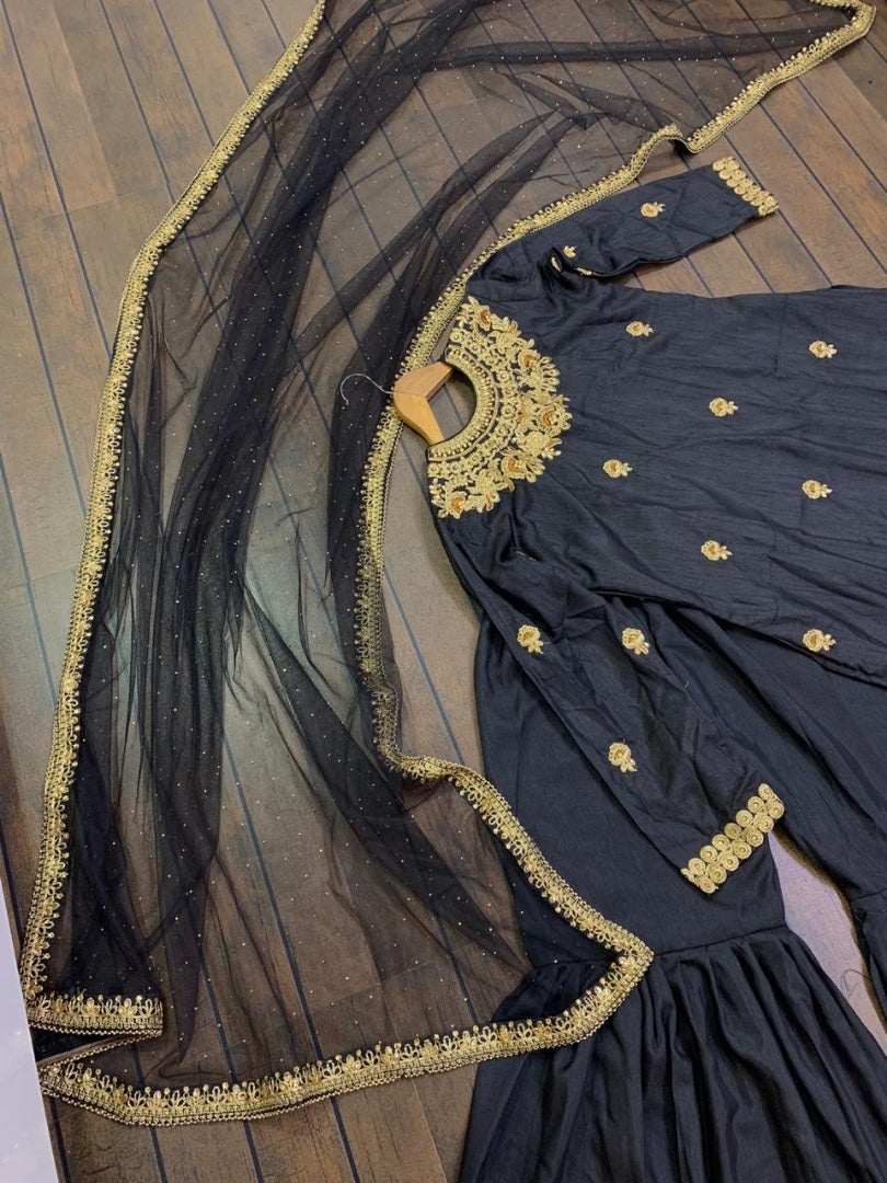 Black slub silk heavy embroidered wedding sharara suit