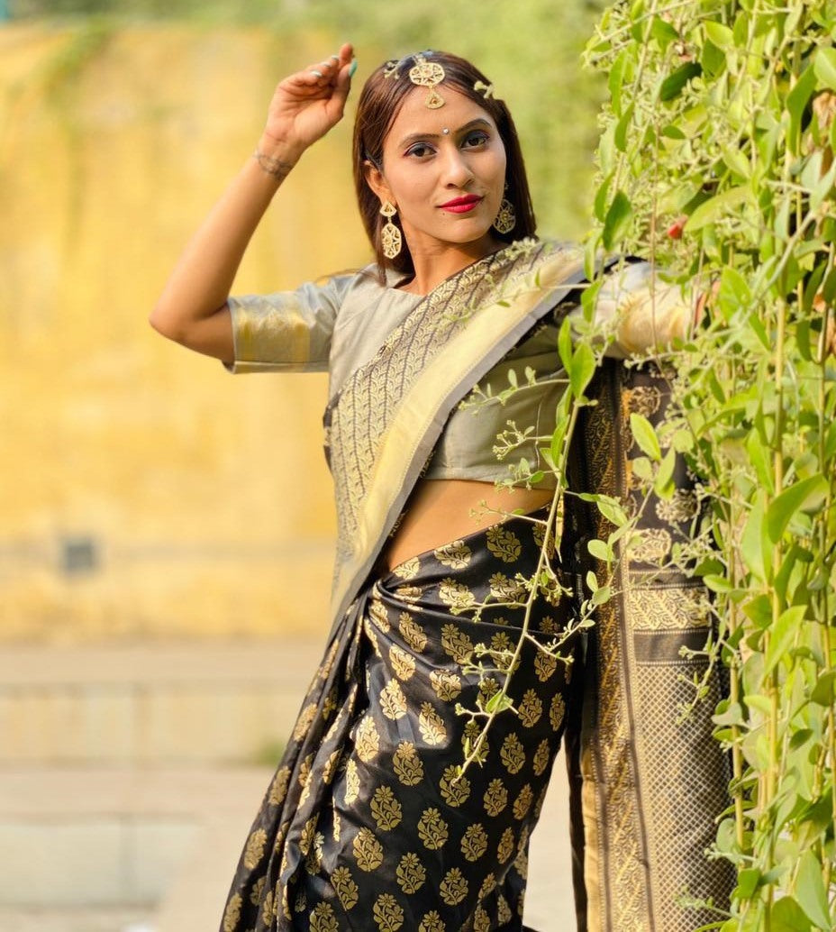 Black soft lichi silk jacquard weaving border work saree