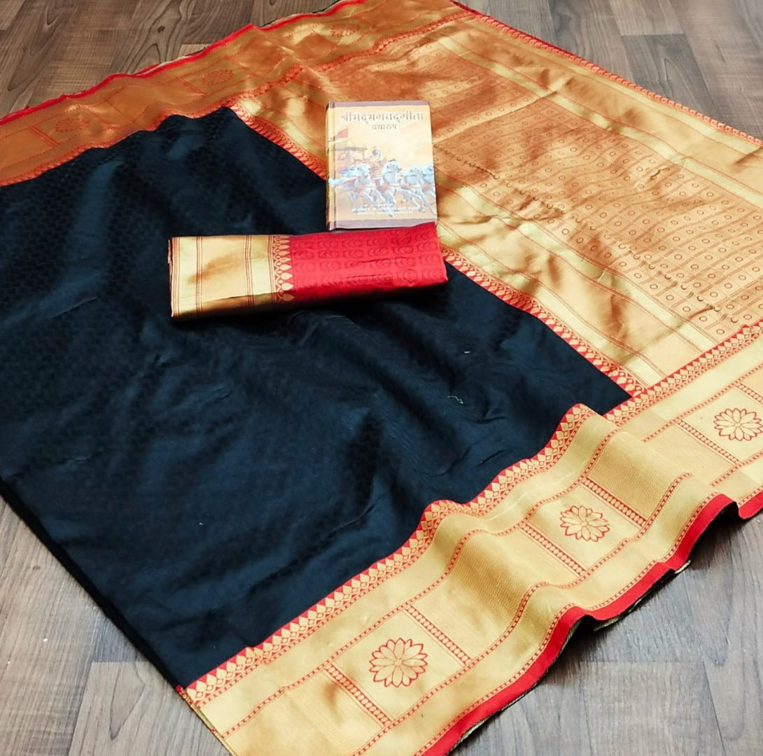 Black soft lichi silk jacquard weaving work wedding saree