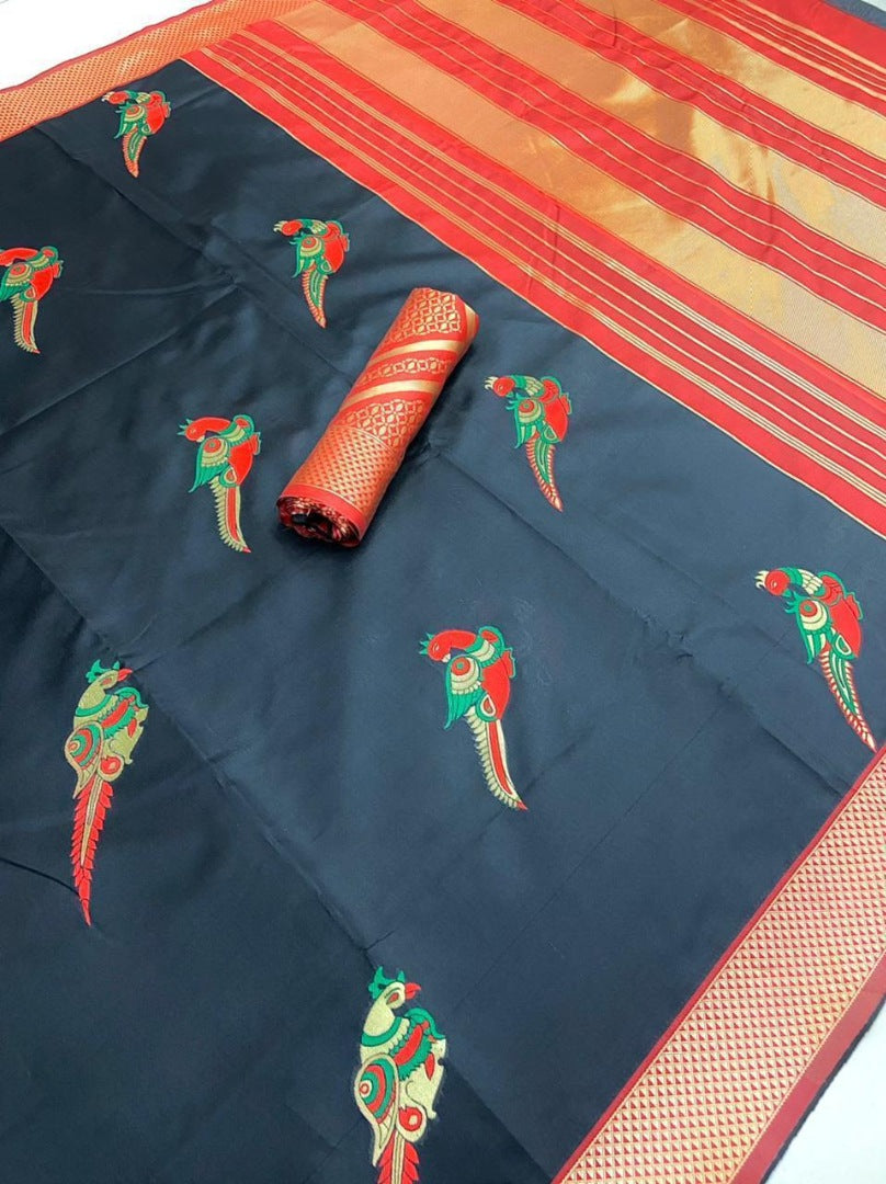 Black soft lichi silk jacquard zari weaving work designer saree