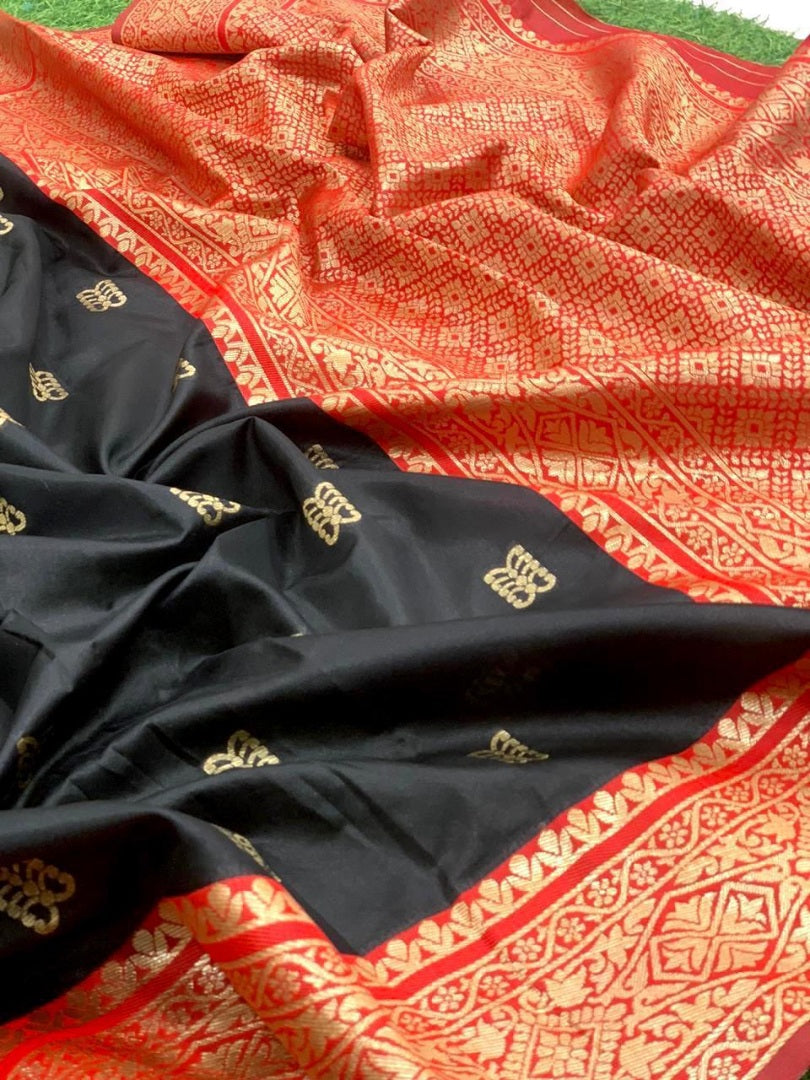Black soft lichi silk jacquard zari weaving work designer saree