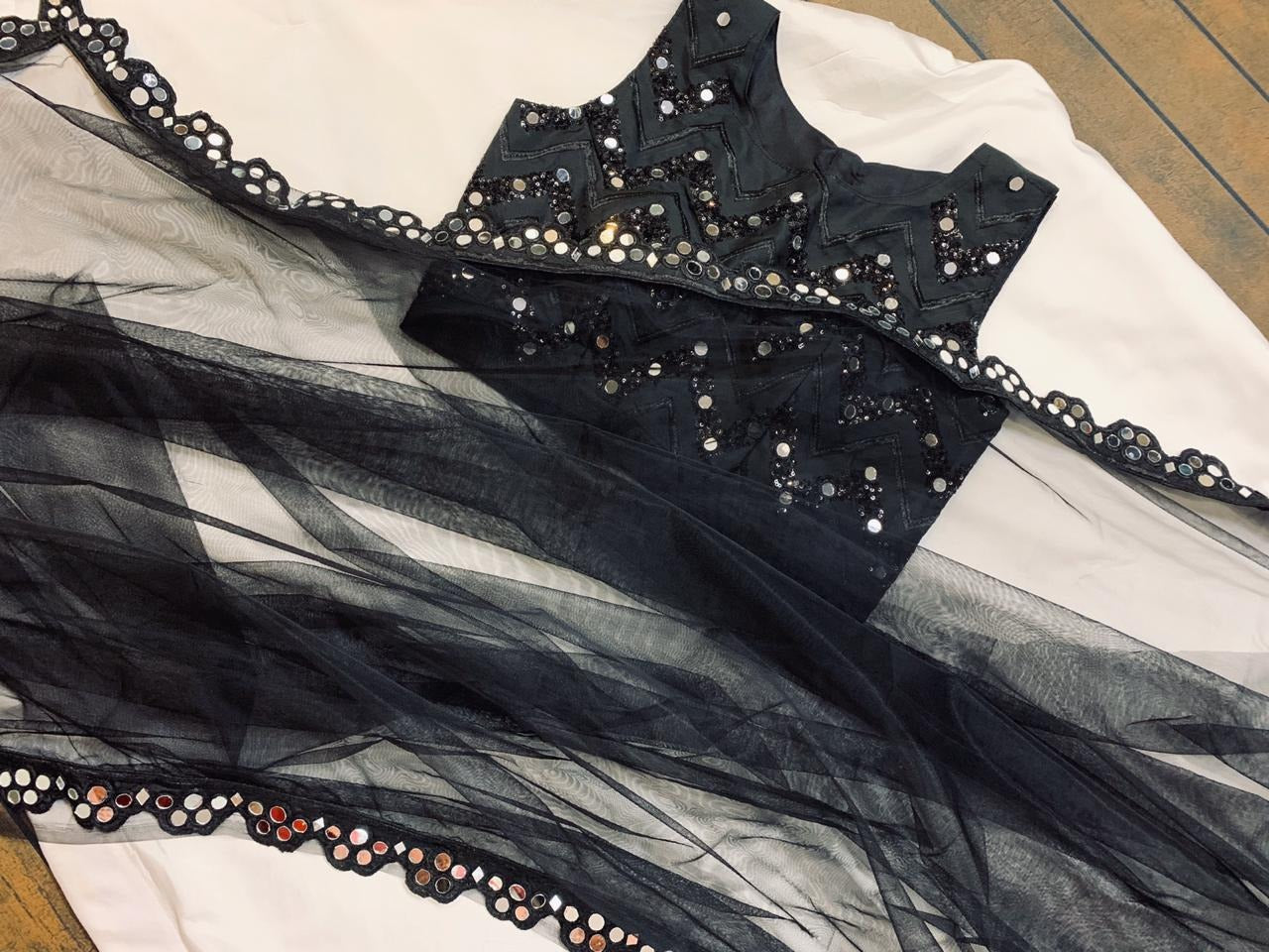 Black soft net mirror border saree with sequin and mirror work blouse
