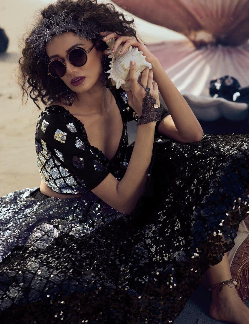 Black soft net sequence work ceremonial lehenga choli