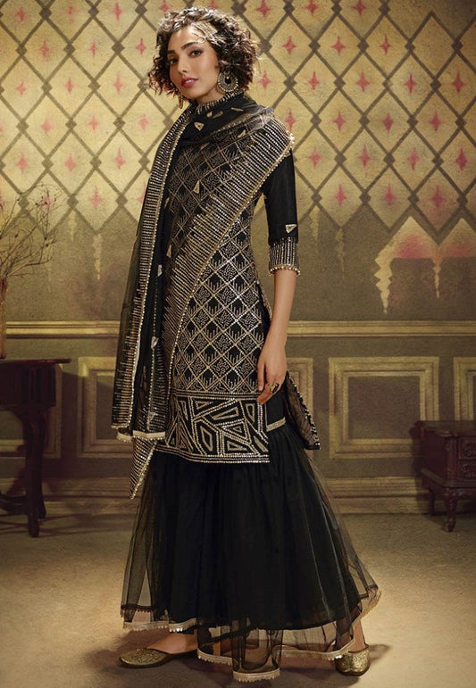 Black soft net sequence work party wear sharara salwar suit