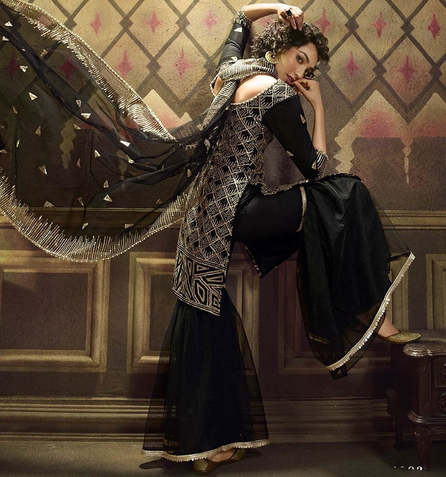 Black soft net sequence work party wear sharara salwar suit