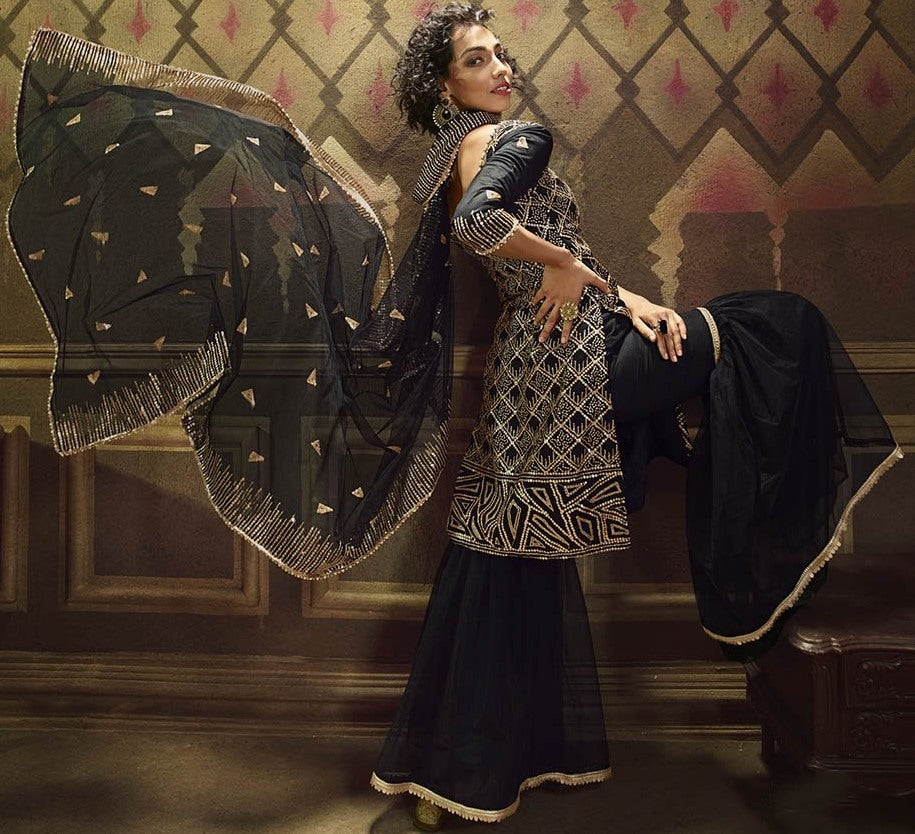 Black soft net sequence work party wear sharara salwar suit