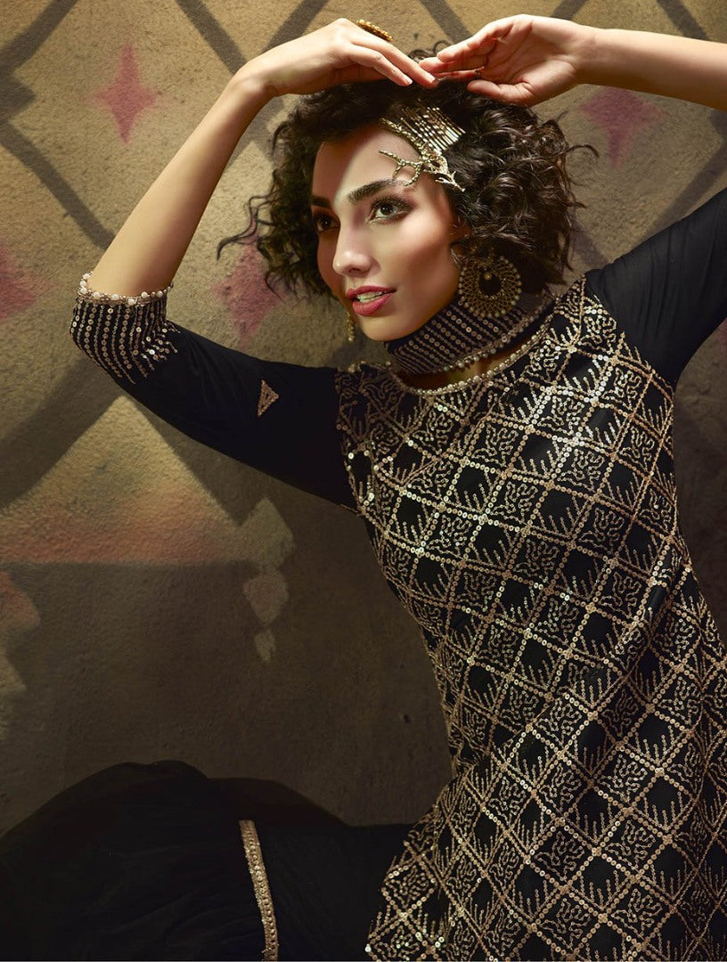 Black soft net sequence work party wear sharara salwar suit