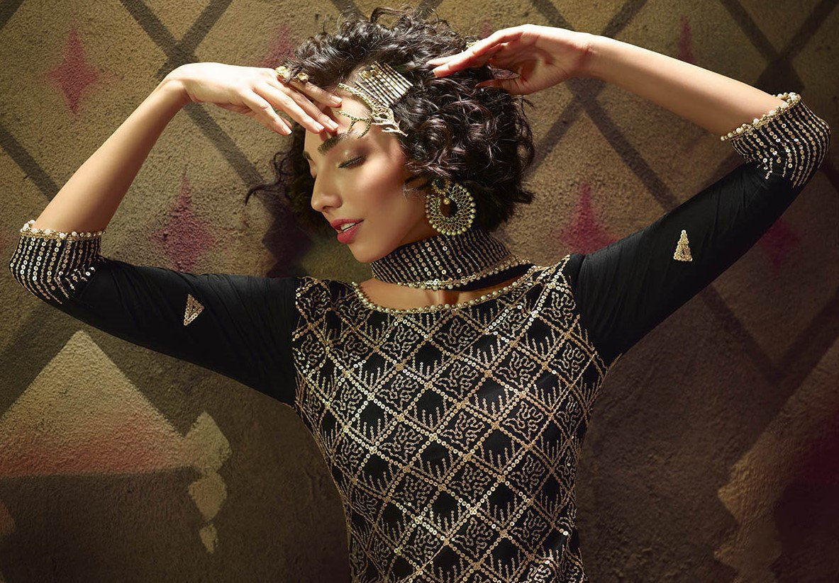Black soft net sequence work party wear sharara salwar suit