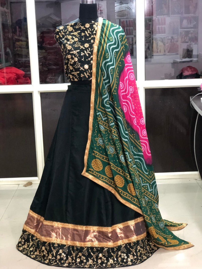 Black tafeta silk beautiful embroidered festive lehenga with bandhani dupatta