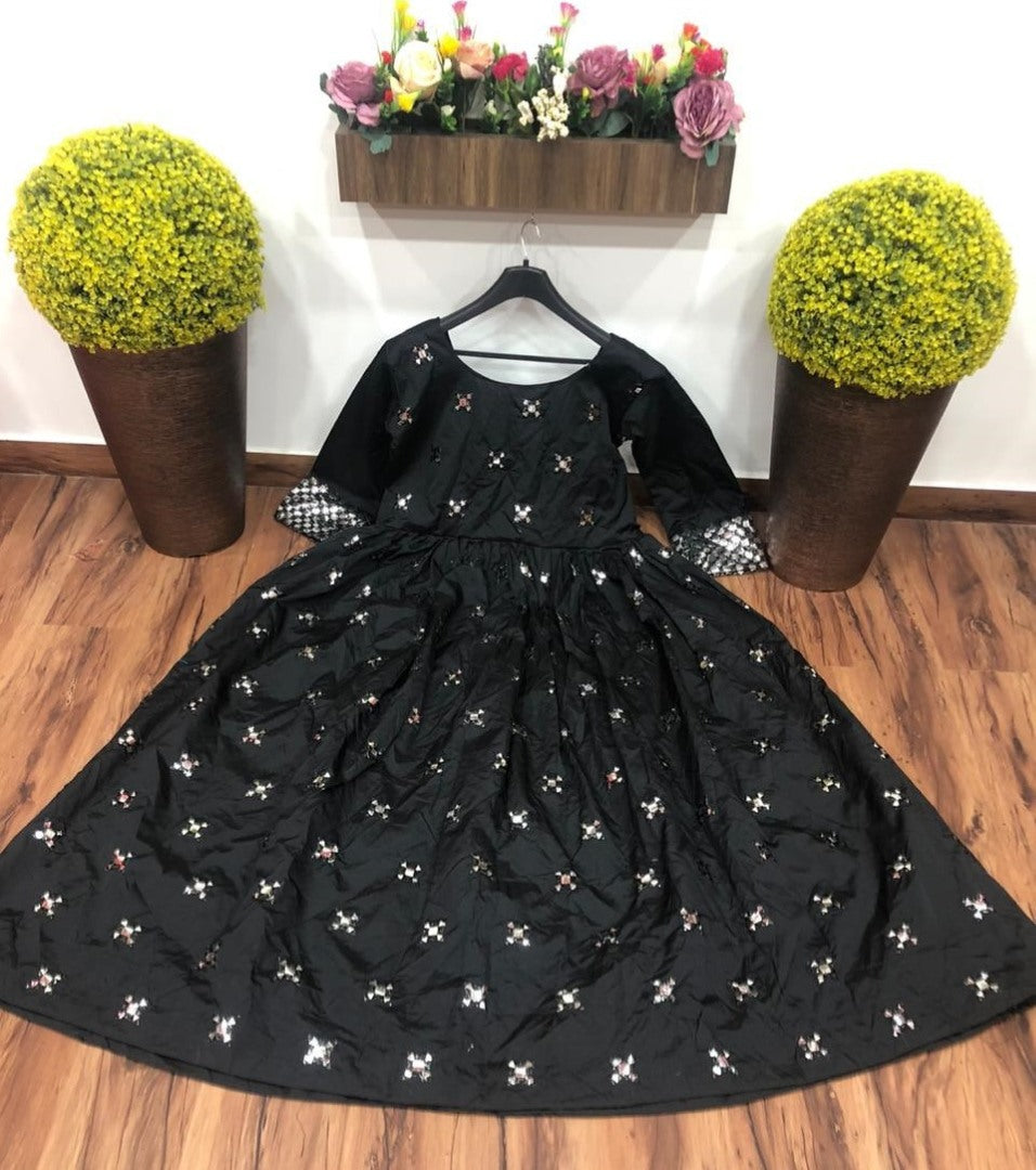 Black tafeta silk foil mirror partywear gown